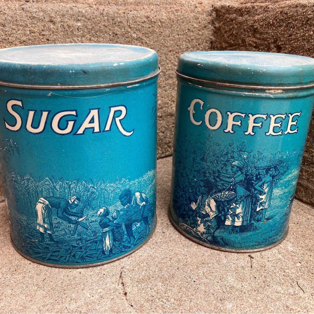 Rare Antique Sugar & Coffee Tin Canisters BEN S Loeb 1910 New York (Lot of 2)